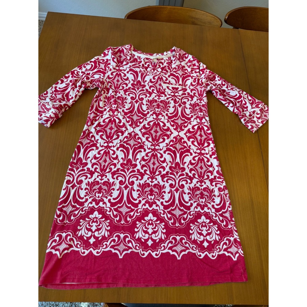 Soma Sleep Shirt Nightgown Women M Red White Damask Print 3/4 Sleeve 100% Cotton